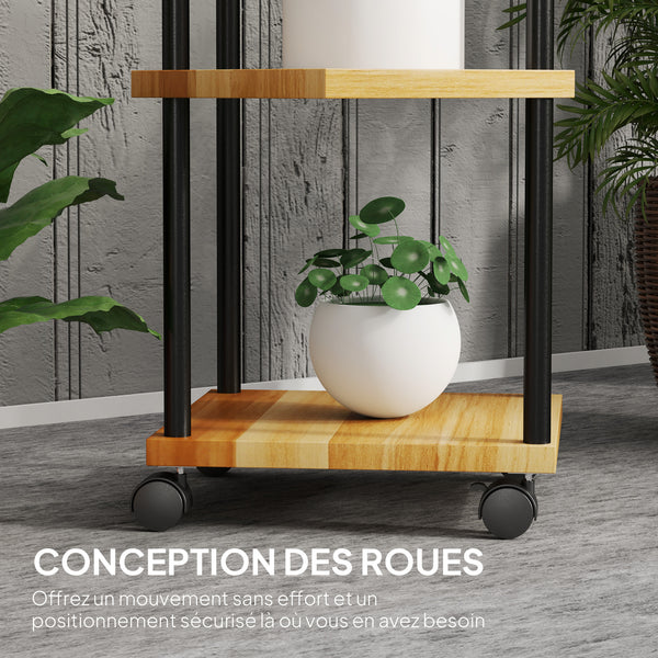 Support à plantes à 5 niveaux pour intérieur et extérieur, étagère plante avec 4 roues, porte plantes en acier et bois pour jardin, terrasse, balcon, salon, bois naturel