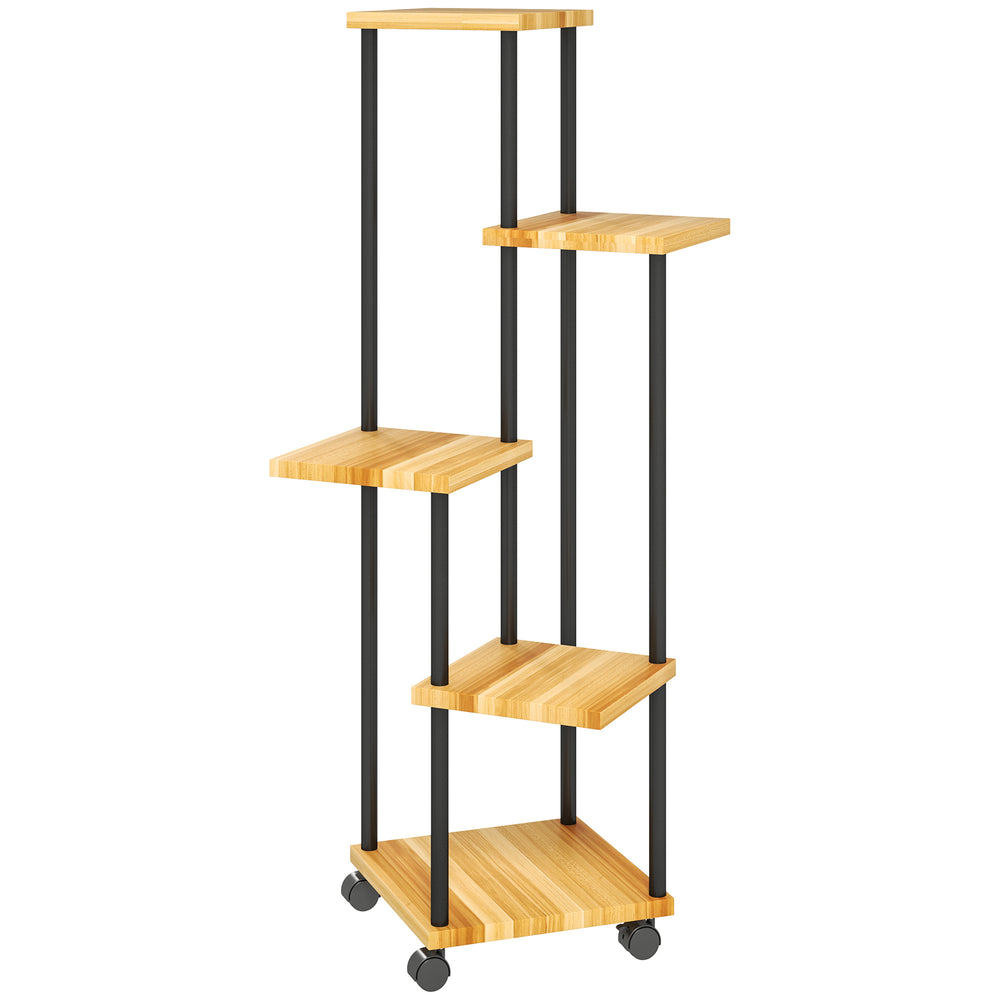 Support à plantes à 5 niveaux pour intérieur et extérieur, étagère plante avec 4 roues, porte plantes en acier et bois pour jardin, terrasse, balcon, salon, bois naturel