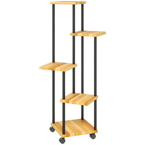 Support à plantes à 5 niveaux pour intérieur et extérieur, étagère plante avec 4 roues, porte plantes en acier et bois pour jardin, terrasse, balcon, salon, bois naturel