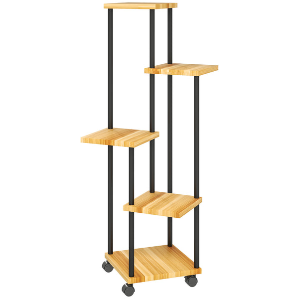 Support à plantes à 5 niveaux pour intérieur et extérieur, étagère plante avec 4 roues, porte plantes en acier et bois pour jardin, terrasse, balcon, salon, bois naturel
