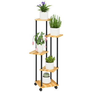 Support à plantes à 5 niveaux pour intérieur et extérieur, étagère plante avec 4 roues, porte plantes en acier et bois pour jardin, terrasse, balcon, salon, bois naturel