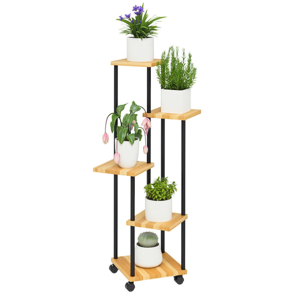 Support à plantes à 5 niveaux pour intérieur et extérieur, étagère plante avec 4 roues, porte plantes en acier et bois pour jardin, terrasse, balcon, salon, bois naturel