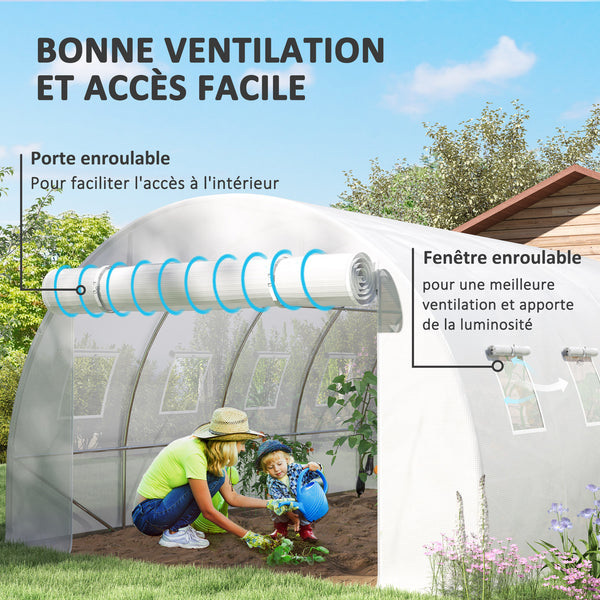 Bâche de Rechange Serre Tunnel 12 m², bâche 4 x 3 x 2 m PE Anti-UV imperméable 8 fenêtres + Porte Enroulable zippée Blanc