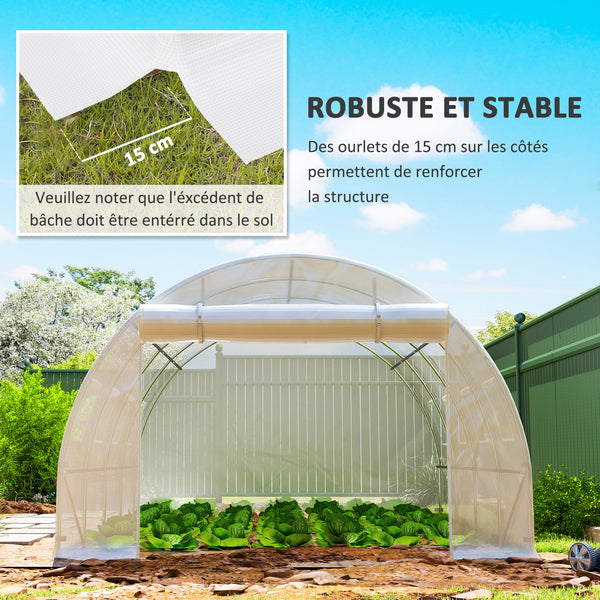 Bâche de Rechange Serre Tunnel 12 m², bâche 4 x 3 x 2 m PE Anti-UV imperméable 8 fenêtres + Porte Enroulable zippée Blanc