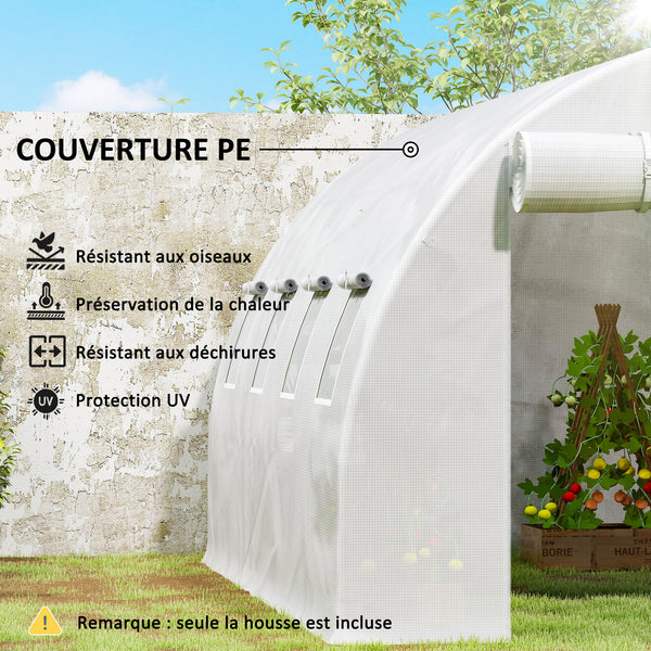 Bâche de Rechange Serre Tunnel 12 m², bâche 4 x 3 x 2 m PE Anti-UV imperméable 8 fenêtres + Porte Enroulable zippée Blanc