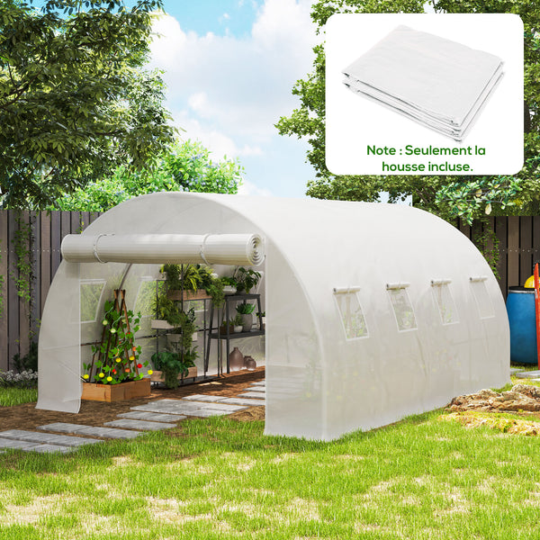 Bâche de Rechange Serre Tunnel 12 m², bâche 4 x 3 x 2 m PE Anti-UV imperméable 8 fenêtres + Porte Enroulable zippée Blanc