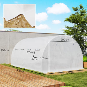 Bâche de Rechange Serre Tunnel 12 m², bâche 4 x 3 x 2 m PE Anti-UV imperméable 8 fenêtres + Porte Enroulable zippée Blanc