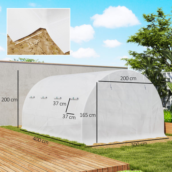 Bâche de Rechange Serre Tunnel 12 m², bâche 4 x 3 x 2 m PE Anti-UV imperméable 8 fenêtres + Porte Enroulable zippée Blanc