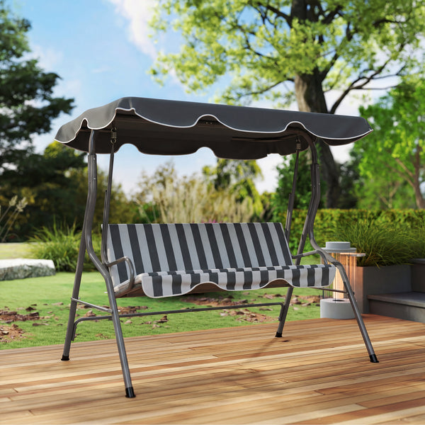 Balancelle de Jardin 3 Places Toit imperméabilisé Inclinaison réglable Coussins Assise Dossier 1,7L x 1,1l x 1,53H m Acier Polyester gris blanc rayé