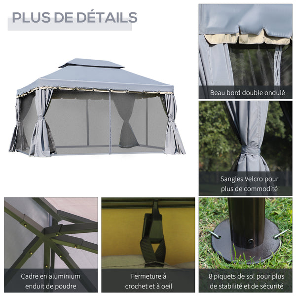 Tonnelle de jardin extérieur 4 x 3 m barnum double toit tente de réception avec parois et moustiquaires gris