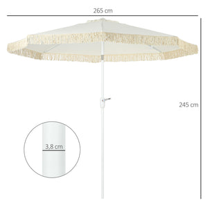 Parasol de jardin parasol extérieur inclinable à franges avec manivelle 8 baleines dim. Ø 2,65 x 2,45 H m Blanc