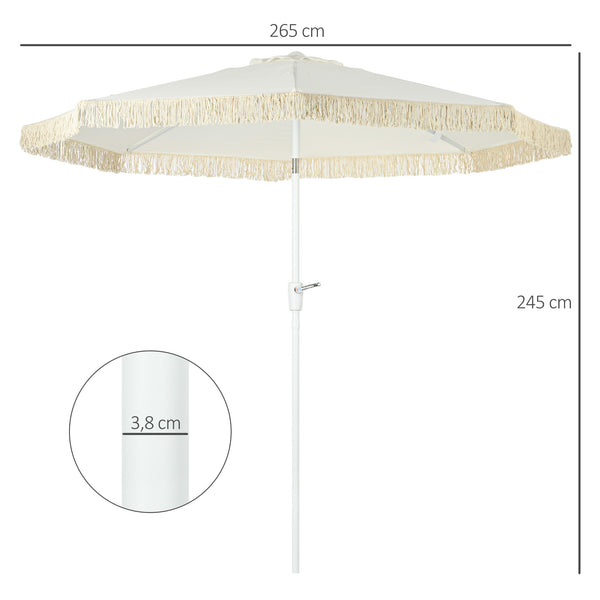Parasol de jardin parasol extérieur inclinable à franges avec manivelle 8 baleines dim. Ø 2,65 x 2,45 H m Blanc