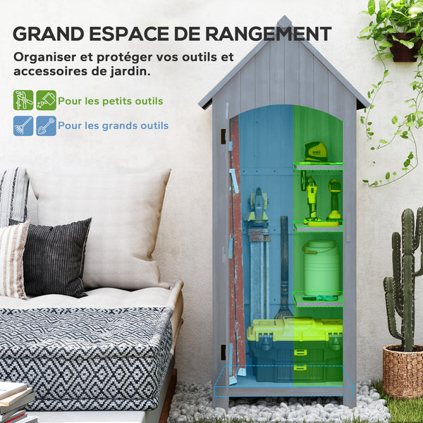 Abri de jardin en bois cabane de jardin exterieur armoire de jardin avec toit bitumé 3 étagères porte avec loquet rangement et stockage extérieurs pour terrasse 77,5 x 54,2 x 179,5 cm gris