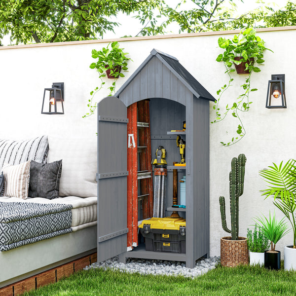 Abri de jardin en bois cabane de jardin exterieur armoire de jardin avec toit bitumé 3 étagères porte avec loquet rangement et stockage extérieurs pour terrasse 77,5 x 54,2 x 179,5 cm gris