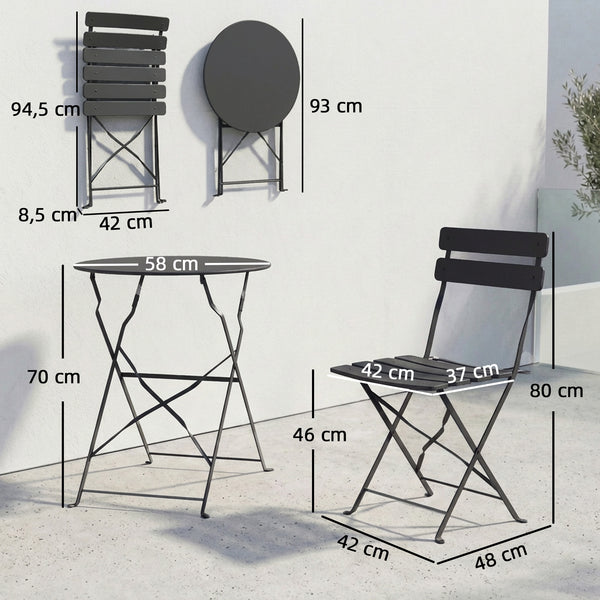 Ensemble Bistrot de Jardin 3 Pièces san Montage - Table et 2 Chaises Pliantes à Lattes en Métal avec Double Protection Antirouille - Mobilier de Balcon et Terrasse Chic, Noir