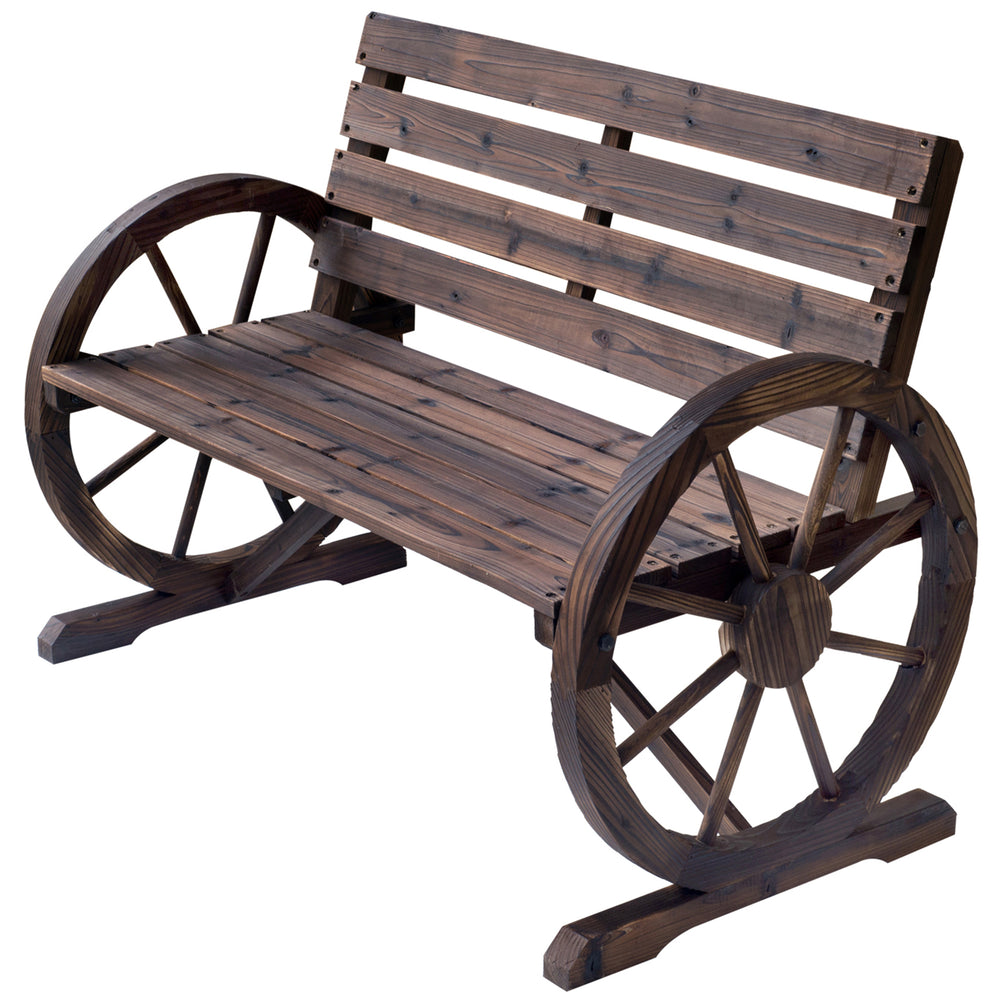 Banc de Jardin banc 3 places banc en bois Style Rustique Chic accoudoirs Roues Charette Bois Sapin traité carbonisation