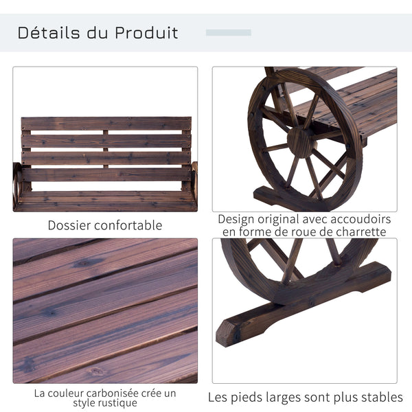 Banc de Jardin banc 3 places banc en bois Style Rustique Chic accoudoirs Roues Charette Bois Sapin traité carbonisation