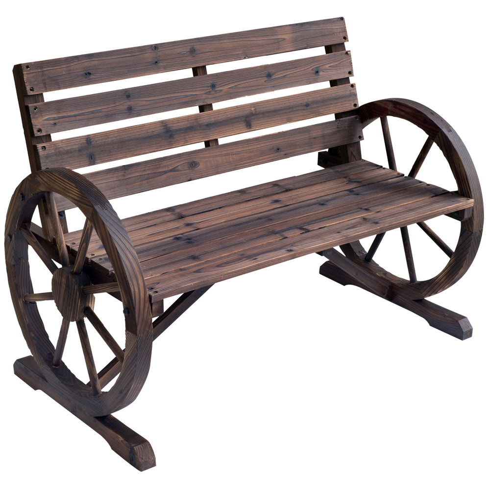 Banc de Jardin banc 3 places banc en bois Style Rustique Chic accoudoirs Roues Charette Bois Sapin traité carbonisation