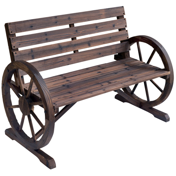 Banc de Jardin banc 3 places banc en bois Style Rustique Chic accoudoirs Roues Charette Bois Sapin traité carbonisation