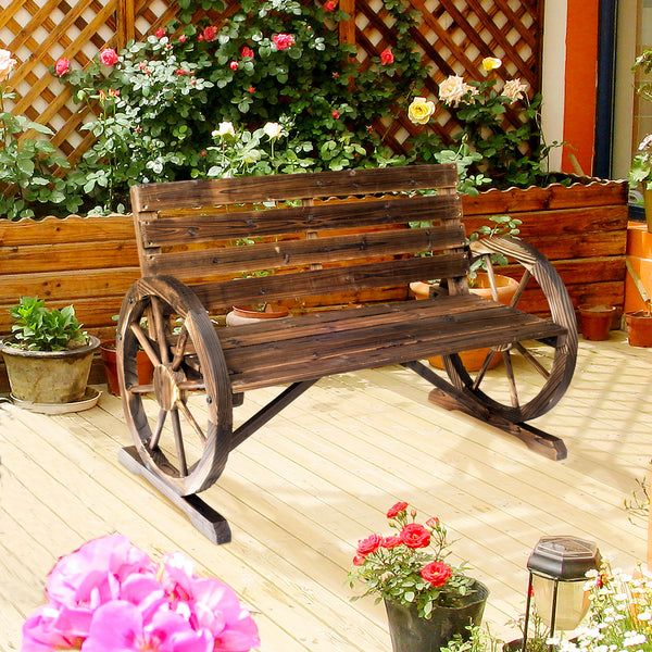 Banc de Jardin banc 3 places banc en bois Style Rustique Chic accoudoirs Roues Charette Bois Sapin traité carbonisation