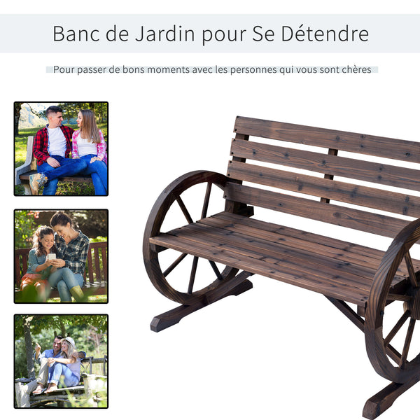 Banc de Jardin banc 3 places banc en bois Style Rustique Chic accoudoirs Roues Charette Bois Sapin traité carbonisation
