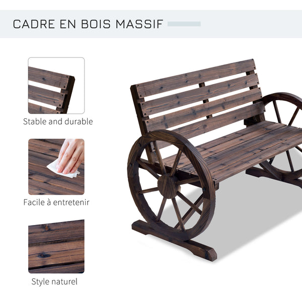 Banc de Jardin banc 3 places banc en bois Style Rustique Chic accoudoirs Roues Charette Bois Sapin traité carbonisation
