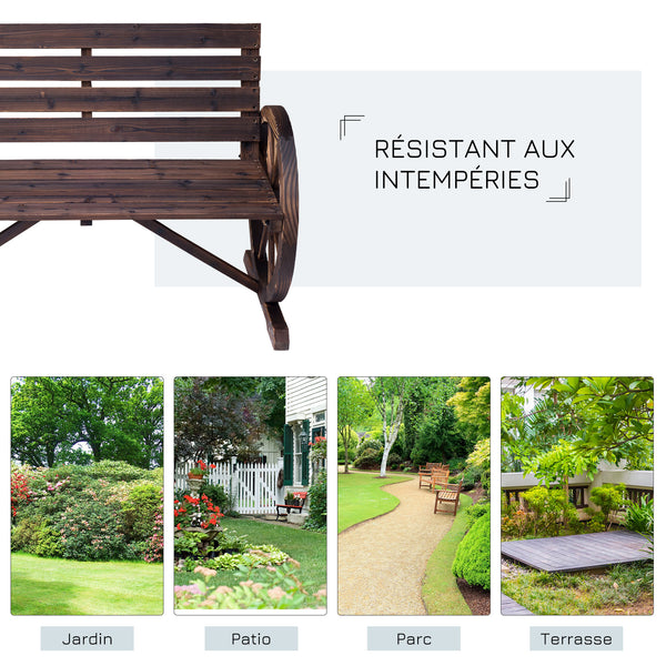 Banc de Jardin banc 3 places banc en bois Style Rustique Chic accoudoirs Roues Charette Bois Sapin traité carbonisation