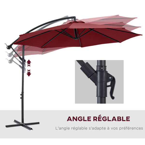 Parasol déporté octogonal inclinable manivelle avec pied en acier Ø 3 x 2,5H m rouge vineux