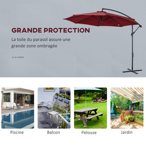 Parasol déporté octogonal inclinable manivelle avec pied en acier Ø 3 x 2,5H m rouge vineux