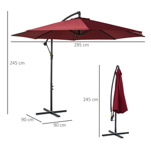 Parasol déporté octogonal inclinable manivelle avec pied en acier Ø 3 x 2,5H m rouge vineux
