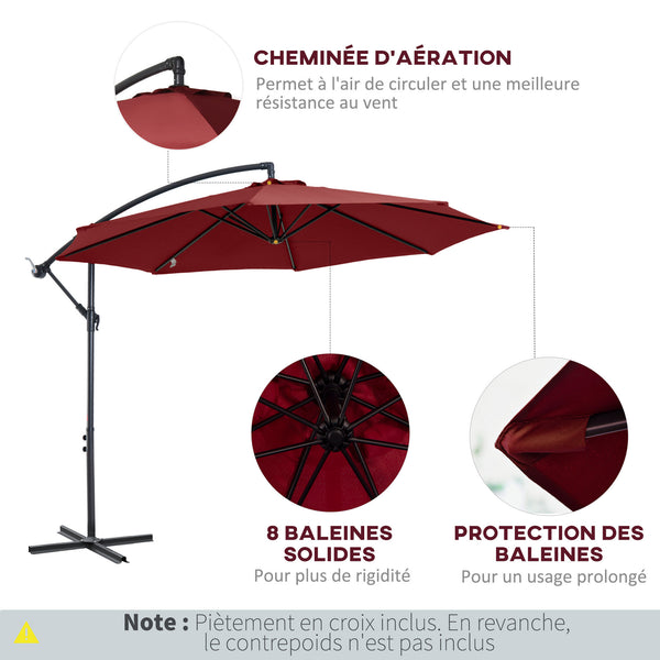 Parasol déporté octogonal inclinable manivelle avec pied en acier Ø 3 x 2,5H m rouge vineux
