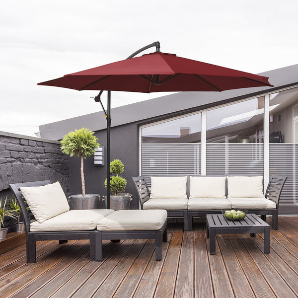 Parasol déporté octogonal inclinable manivelle avec pied en acier Ø 3 x 2,5H m rouge vineux