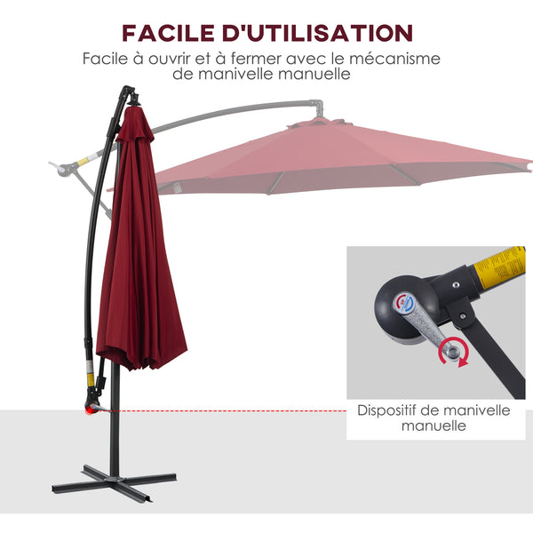 Parasol déporté octogonal inclinable manivelle avec pied en acier Ø 3 x 2,5H m rouge vineux