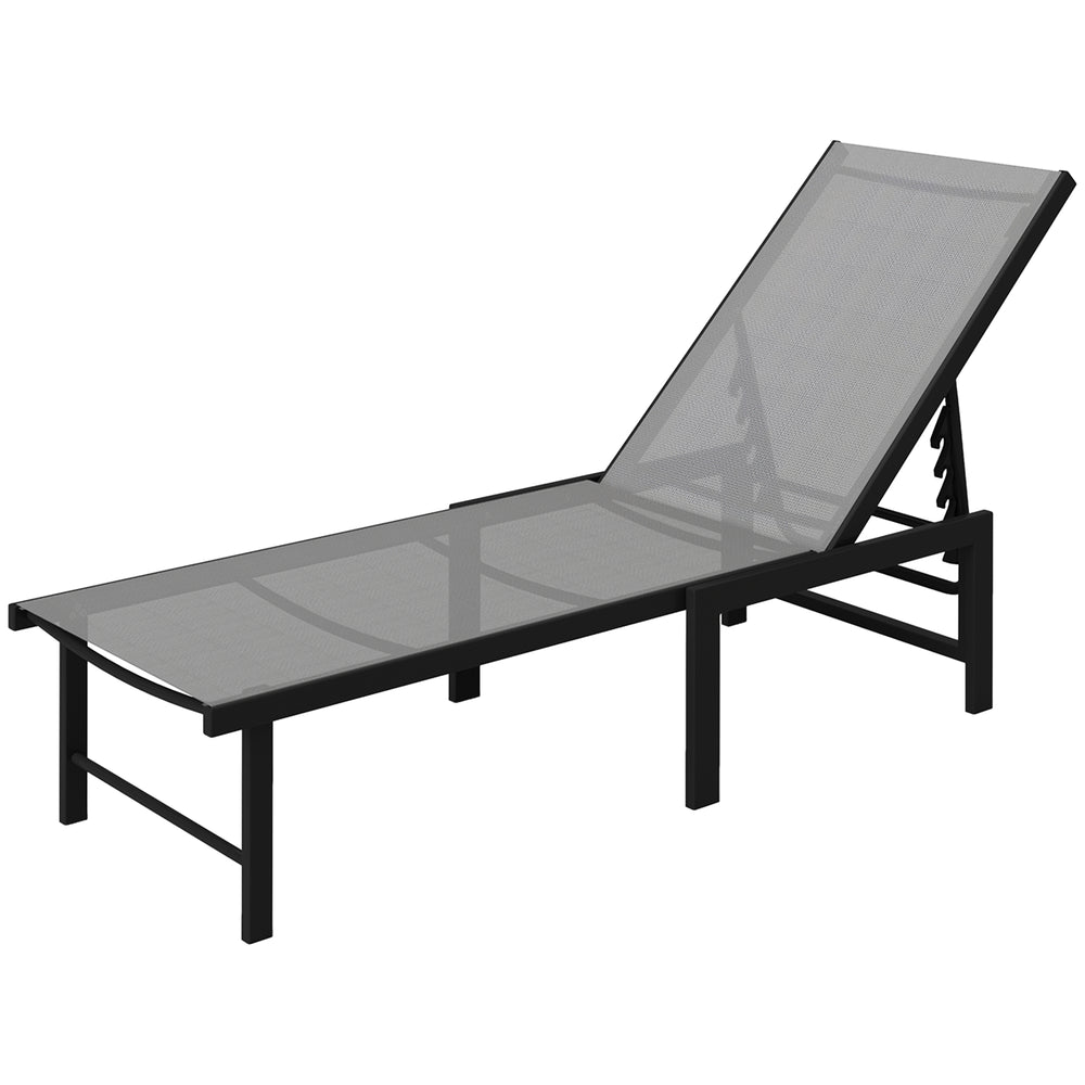 Bain de soleil, chaise longue jardin extérieur, dossier inclinable sur 5 positions, transat avec assise en textilène, structure en acier pour terrasse et plage, gris
