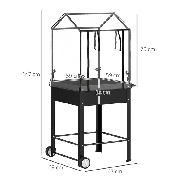 Carré potager sur pieds avec bâche en plastique, jardinière surélevée avec roues et trou de drainage, mini serre pour légumes, fleurs, herbes, 67 x 69 x 147 cm, noir