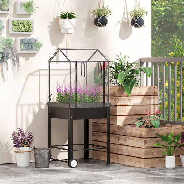 Carré potager sur pieds avec bâche en plastique, jardinière surélevée avec roues et trou de drainage, mini serre pour légumes, fleurs, herbes, 67 x 69 x 147 cm, noir