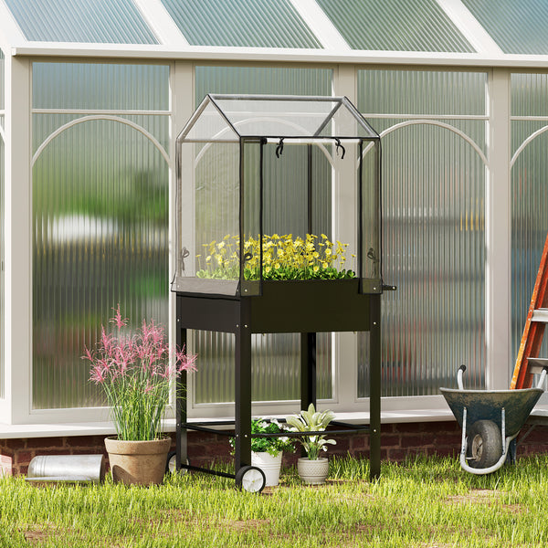 Carré potager sur pieds avec bâche en plastique, jardinière surélevée avec roues et trou de drainage, mini serre pour légumes, fleurs, herbes, 67 x 69 x 147 cm, noir