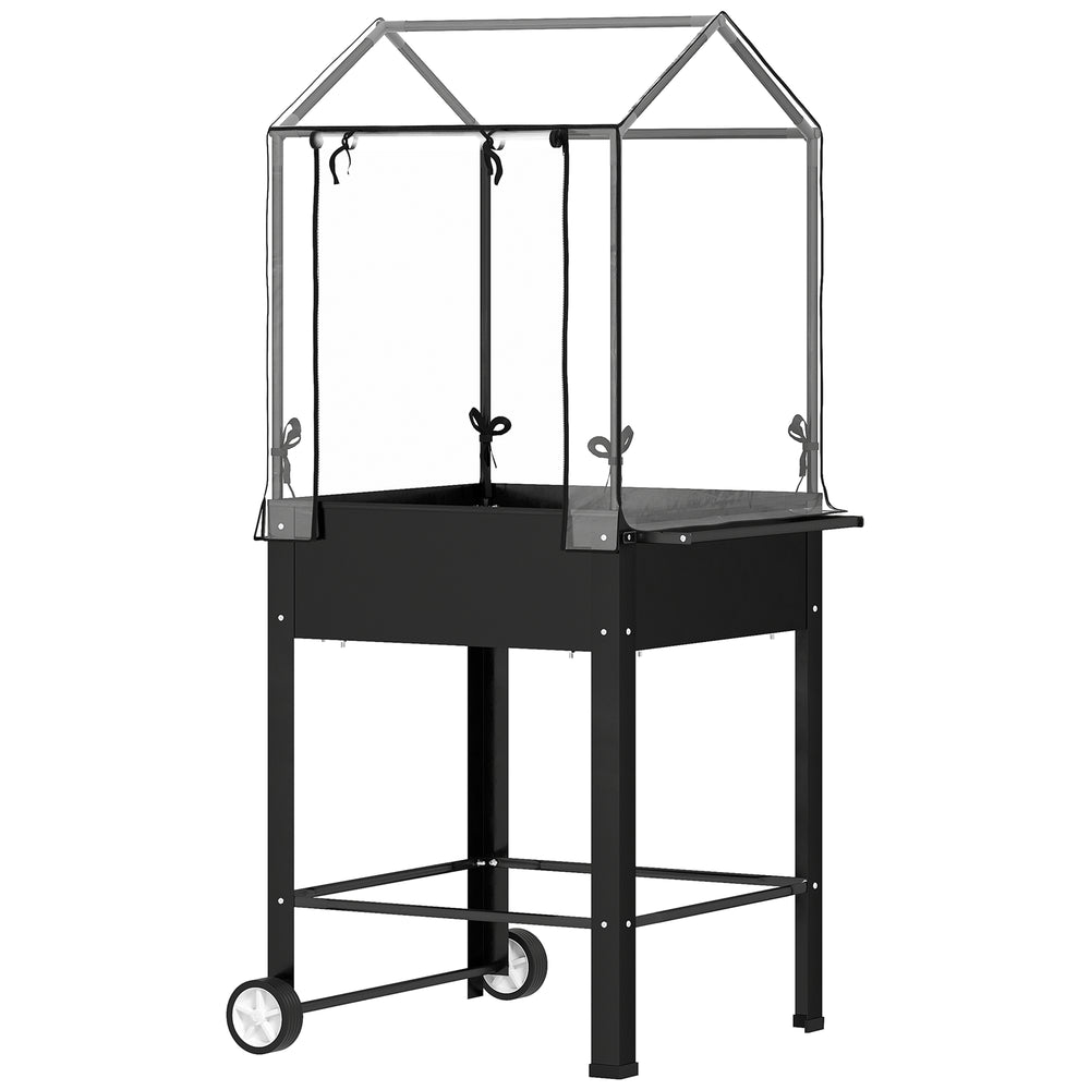 Carré potager sur pieds avec bâche en plastique, jardinière surélevée avec roues et trou de drainage, mini serre pour légumes, fleurs, herbes, 67 x 69 x 147 cm, noir