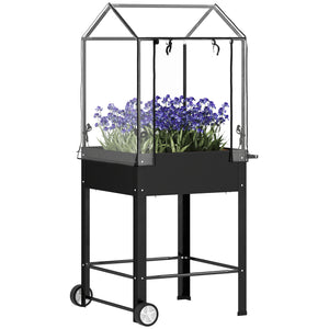 Carré potager sur pieds avec bâche en plastique, jardinière surélevée avec roues et trou de drainage, mini serre pour légumes, fleurs, herbes, 67 x 69 x 147 cm, noir