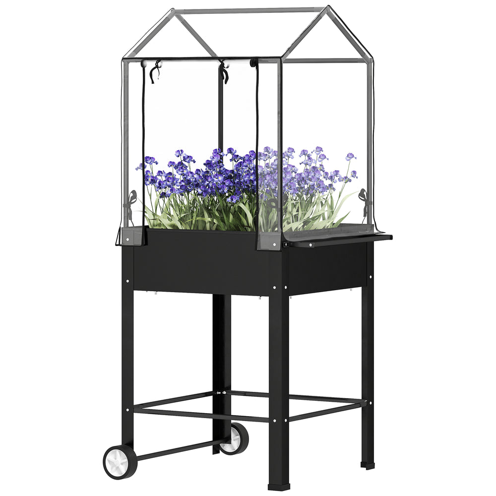 Carré potager sur pieds avec bâche en plastique, jardinière surélevée avec roues et trou de drainage, mini serre pour légumes, fleurs, herbes, 67 x 69 x 147 cm, noir