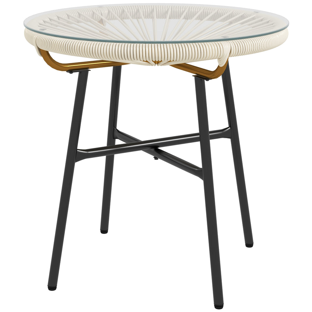 Table basse ronde de jardin en résine aspect rotin métal et plateau verre trempé Ø 50 x 50 cm crème