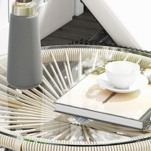Table basse ronde de jardin en résine aspect rotin métal et plateau verre trempé Ø 50 x 50 cm crème