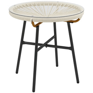 Table basse ronde de jardin en résine aspect rotin métal et plateau verre trempé Ø 50 x 50 cm crème