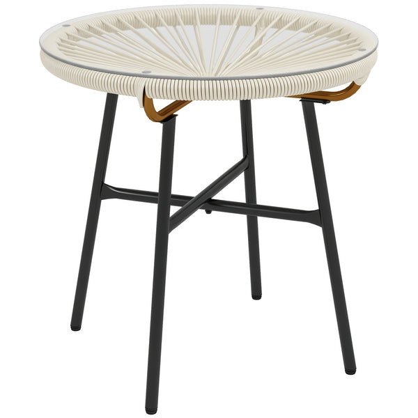 Table basse ronde de jardin en résine aspect rotin métal et plateau verre trempé Ø 50 x 50 cm crème
