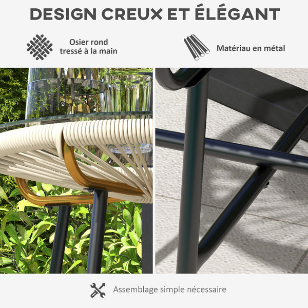 Table basse ronde de jardin en résine aspect rotin métal et plateau verre trempé Ø 50 x 50 cm crème