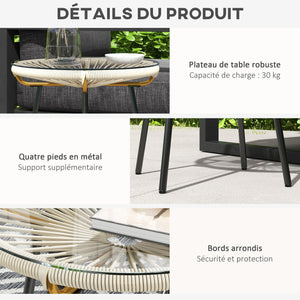 Table basse ronde de jardin en résine aspect rotin métal et plateau verre trempé Ø 50 x 50 cm crème