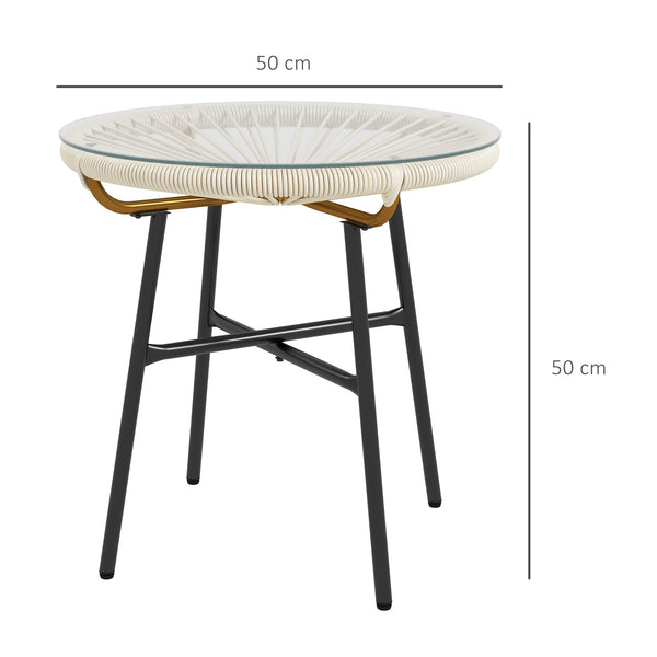Table basse ronde de jardin en résine aspect rotin métal et plateau verre trempé Ø 50 x 50 cm crème