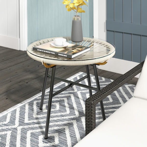 Table basse ronde de jardin en résine aspect rotin métal et plateau verre trempé Ø 50 x 50 cm crème