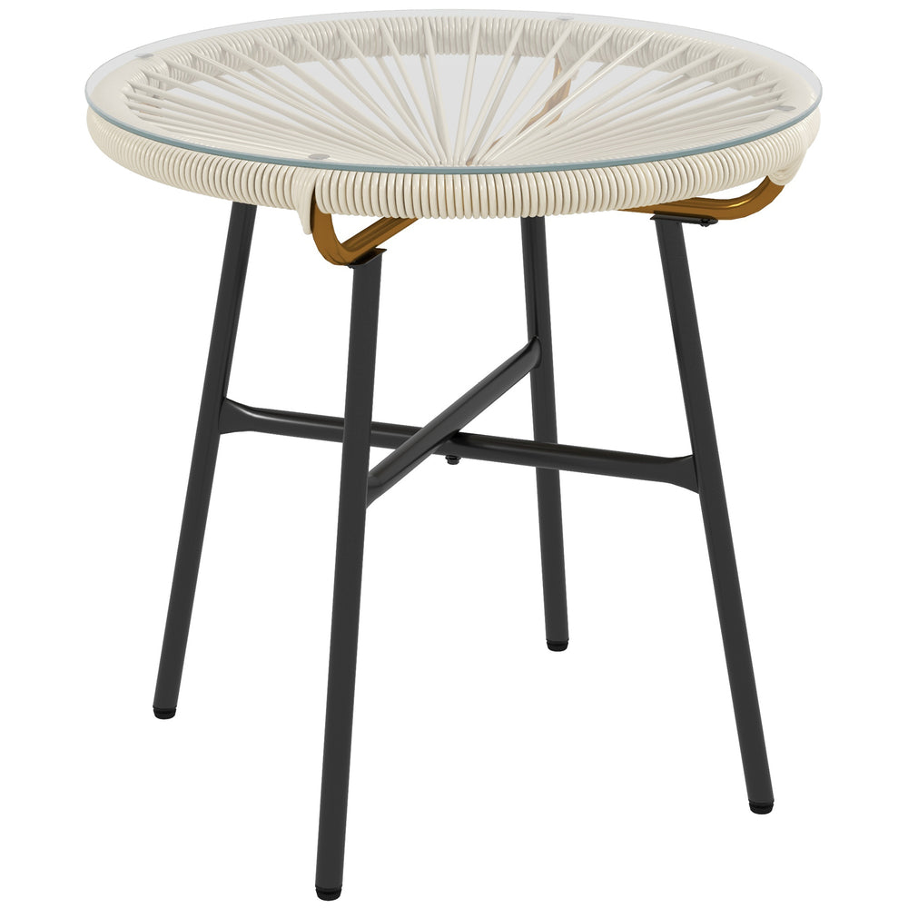 Table basse ronde de jardin en résine aspect rotin métal et plateau verre trempé Ø 50 x 50 cm crème