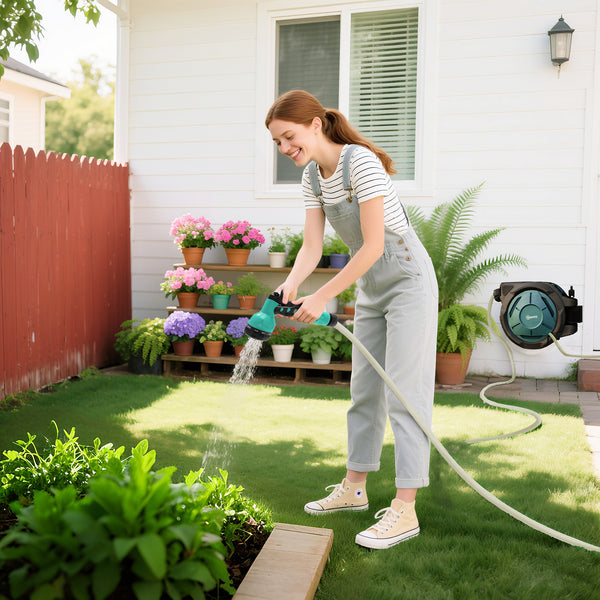 Enrouleur Tuyau Arrosage Mural 25 m x Ø 15 mm, Dévidoir Automatique de Tuyaux d'Eau Rétractable Automatique Pivotant à 180°, Buse à 7 Modes, pour Jardin et Lavage de Voiture, Noir